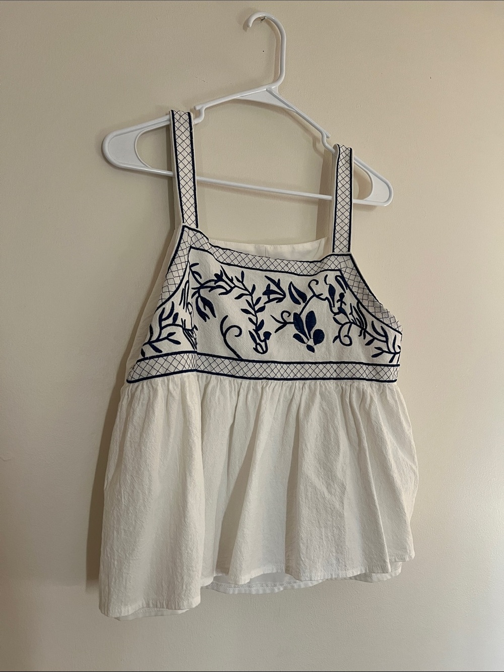 White and Navy Embroidered Peplum Cami Top